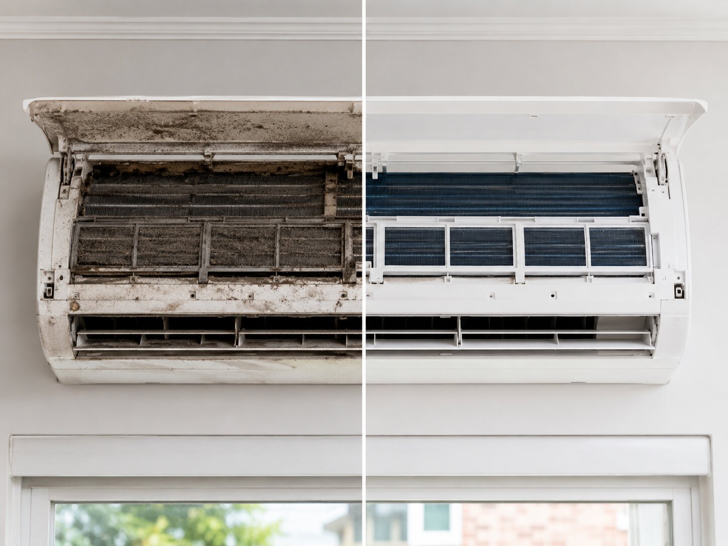 Antes y después de una limpieza profesional Brisao: consola mini-split llena de polvo y hongo, y la misma consola limpia como nueva
